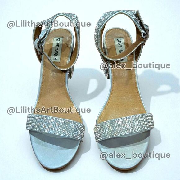 Steve Madden Malia Silver Rhinestone Strappy Chunky Block Heel Sandals(F038) - Picture 4 of 12